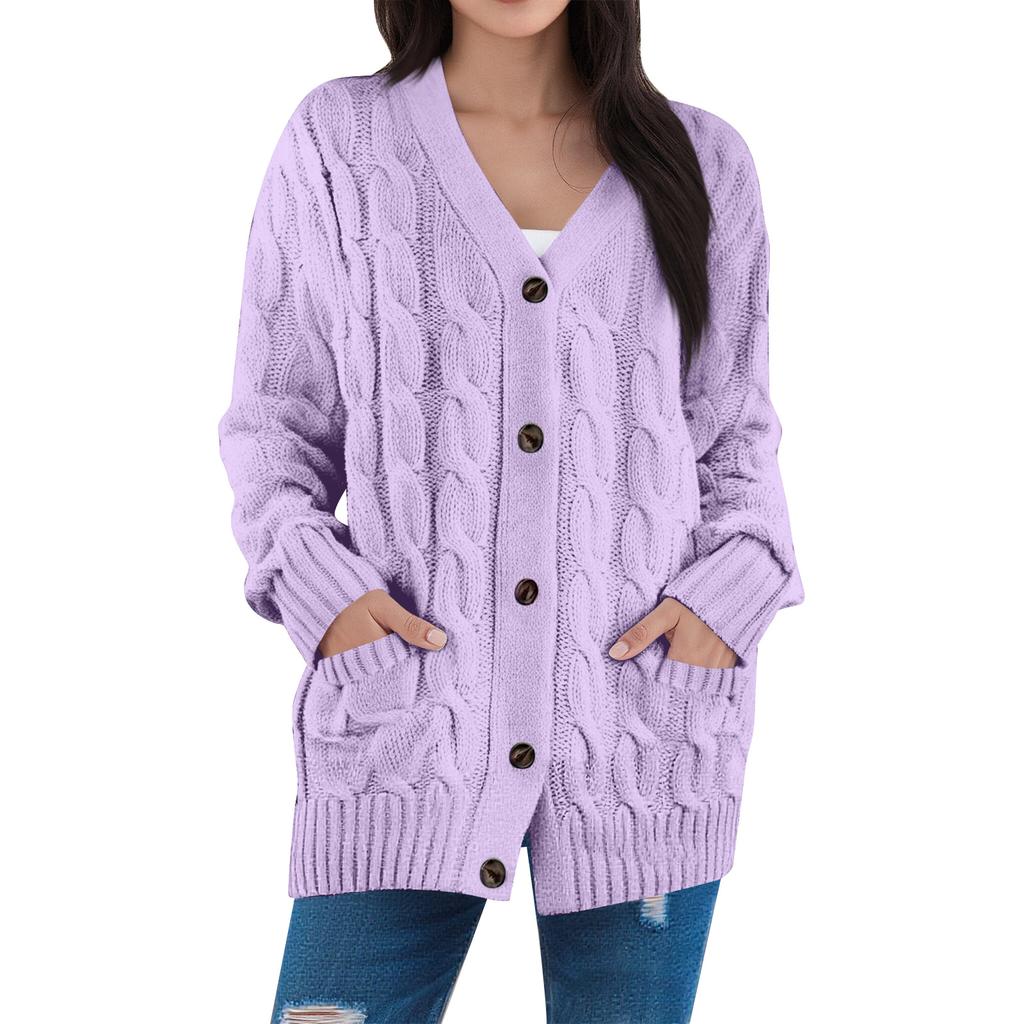 Women's Fashion Solid Color Casual Cardigan Jacket Cable Knit Button Cardigan Sweater