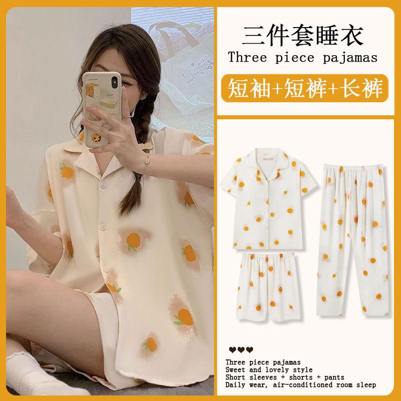 GMXIA Sommermode Pyjama Damen Kurzarm Dreiteiliges Set, Baumwollähnlich Cartoon Student Hauskleidung, Kann Draußen Getragen Werden