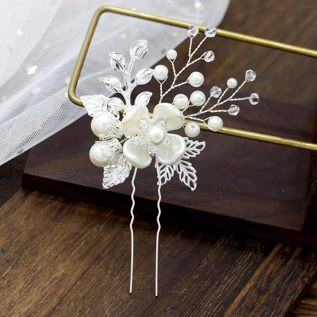 Europe and America Cross Border Silver Leaves Handmade Twisted Beads U Shape Hair Clasp Pin Bridal Wedding Hairware Lot