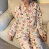 Spring/Autumn Women's Bubble Cotton Pajama Set with Cartoon Print, Long Sleeves, and Pants