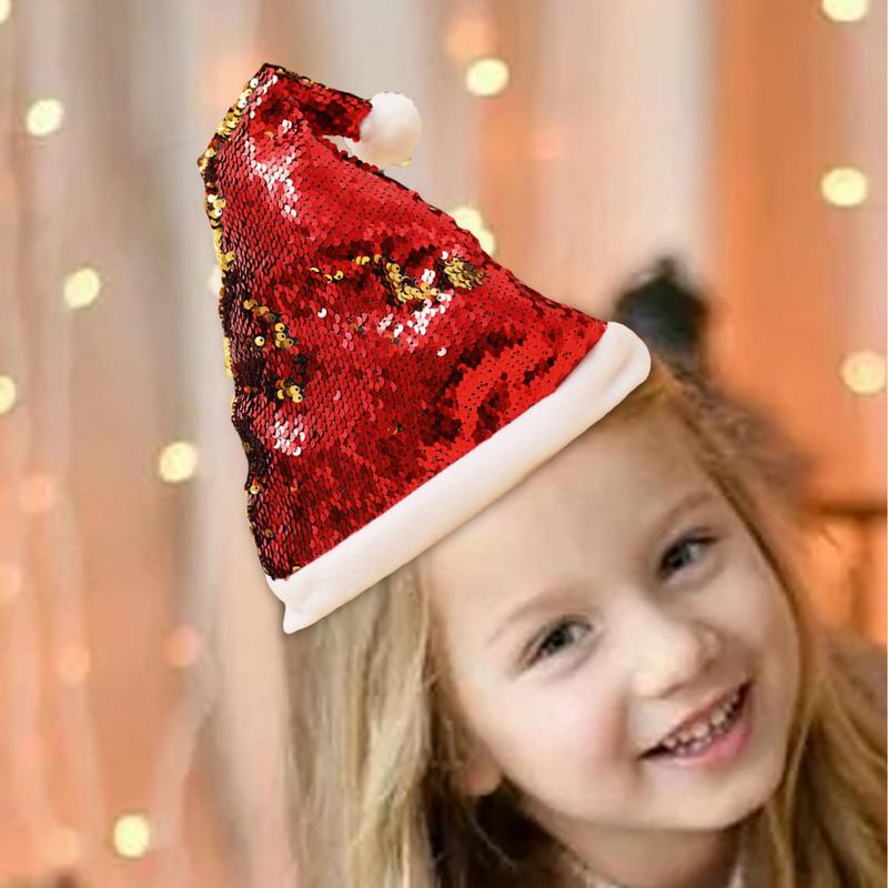 Christmas Sequin Hat for Adults Solid Color Sparkle Santa Cap with Bow Party Christmas Home Decor