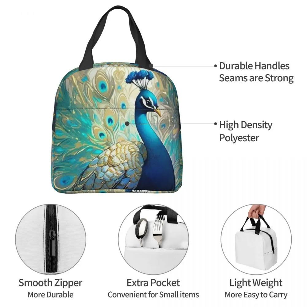 Colorful Peacock Feather Insulated Lunch Bag for Women Children Portable Food Boxes Thermal Lunch Box Tote