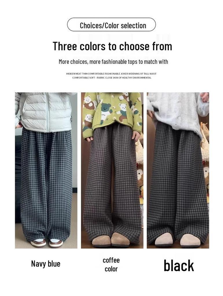 Women's Retro Plaid Wool Fleece-Lined Wide-Leg Pants - Casual Loose Fit for Autumn and Winter