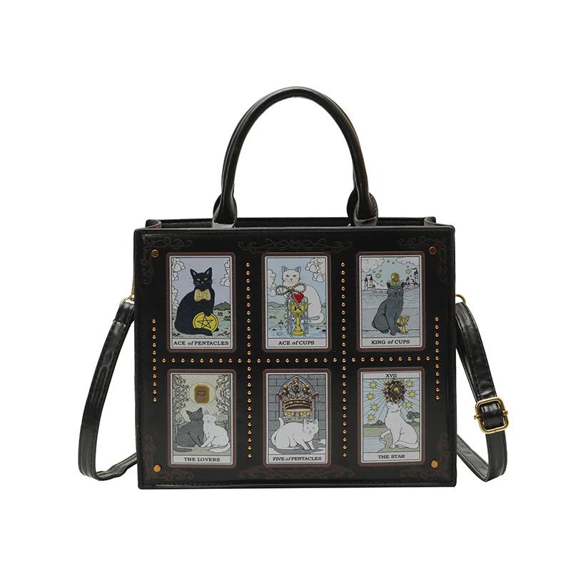 Modische Katzen-Elf Handtasche Top-Handle-Tote-Bag Quadratische Crossbody-Umhängetasche Niedliches Katzenmuster Vielseitige Tote-Bag Aktentasche für Damen