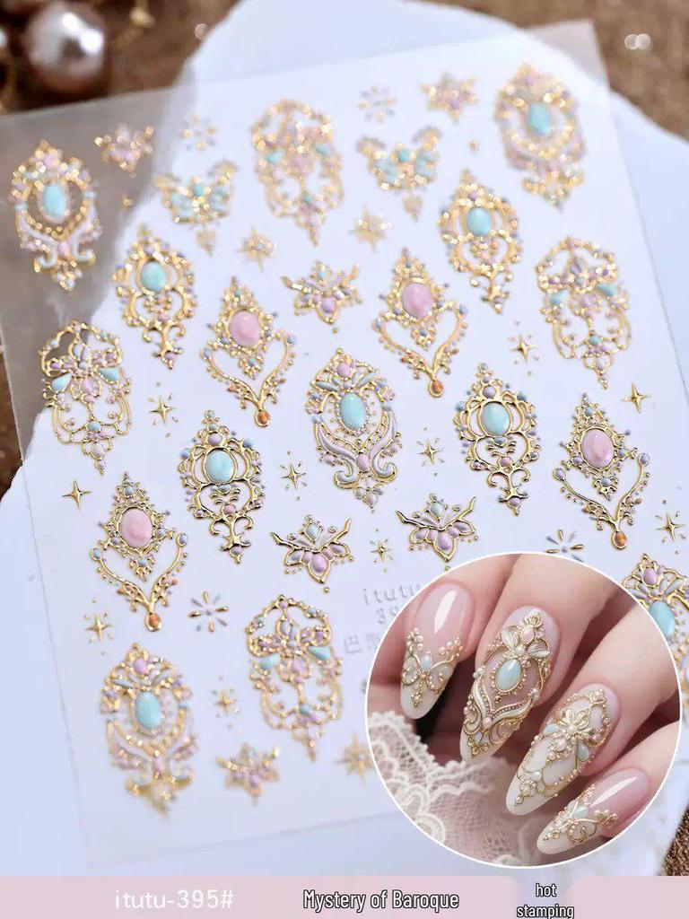 Baroque Gold Scepter Nail Stickers: Retro Gem & Luxury Court Style
