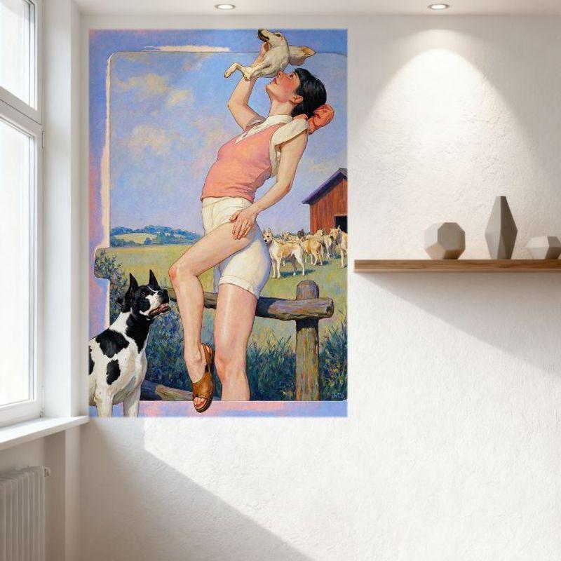 Sexy Woman with Short Black Hair Wooden Fence Dog Playful Pastoral Scene Classic Illustration Tin Sign Metal Poster for Home Wal