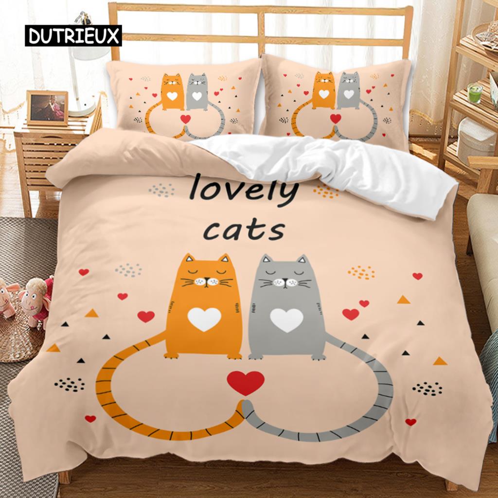Zestaw poszewek na kołdrę z kotem Uroczy kreskówkowy zestaw pościeli dla chłopców i dziewcząt Wzór zwierzęcy Kot Królowa King Rozmiar Poliester Poszewka na kołdrę
