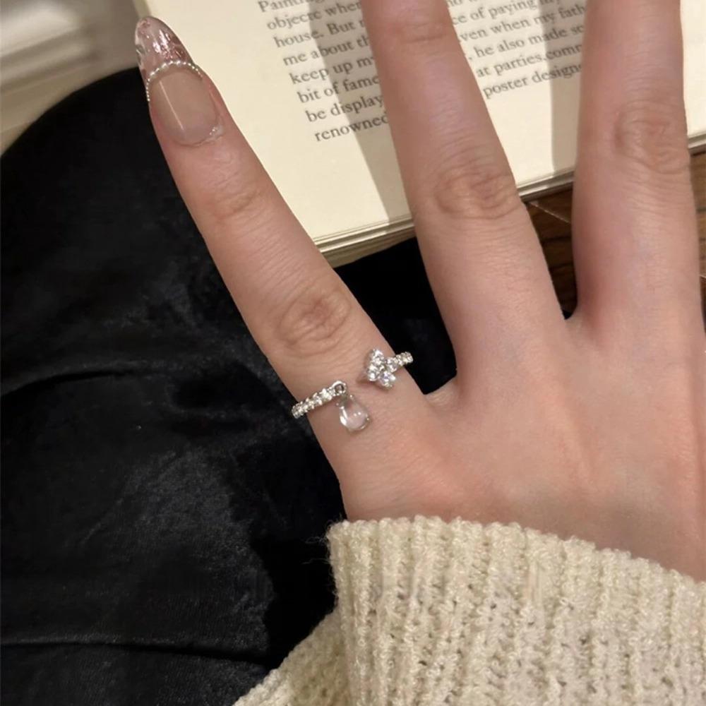 Trendy Exquisite 925 Silver Micro-inlay Zircon Four-leaf Clover Water Drop Tassel Opening Ring for Women Finger Jewelry