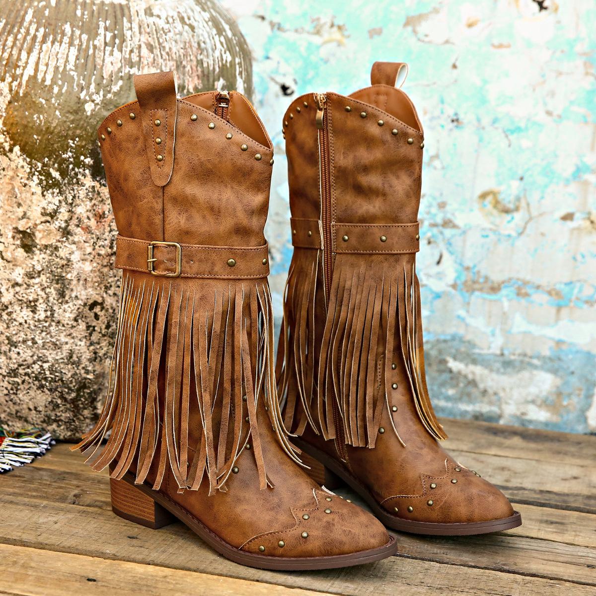 

Women s Retro Chunky Heeled Long Boots Belt Buckle Mid-calf Boots Woman Winter Tassel Knee High Boot 37 коричневий