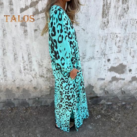 Women's Leopard Print Dress V-Neck Long Sleeve Maxi Dress Casual Loose Fit Spring Summer Dress for Office Daily Wear Vacation Party