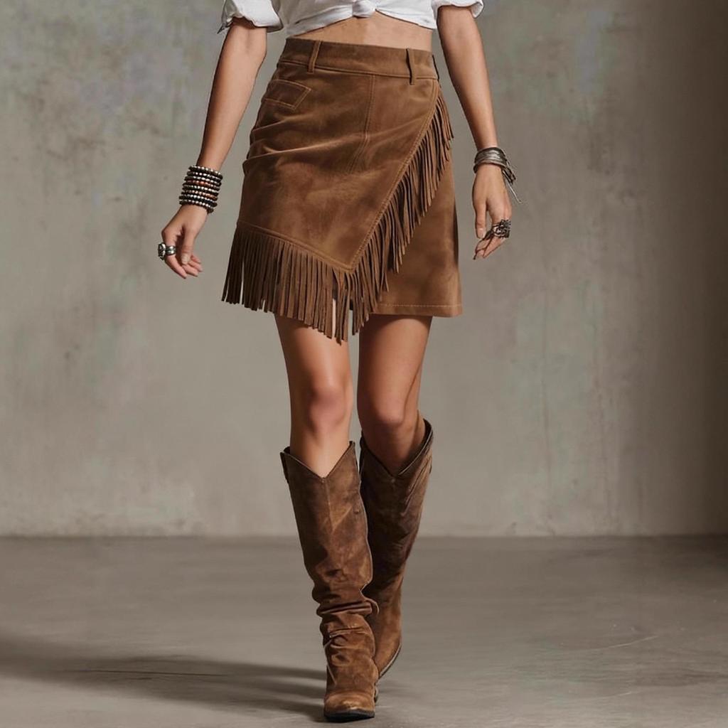 Retro Western Style Suede Asymmetrical Hem Plush Bodycon Skirt for Women