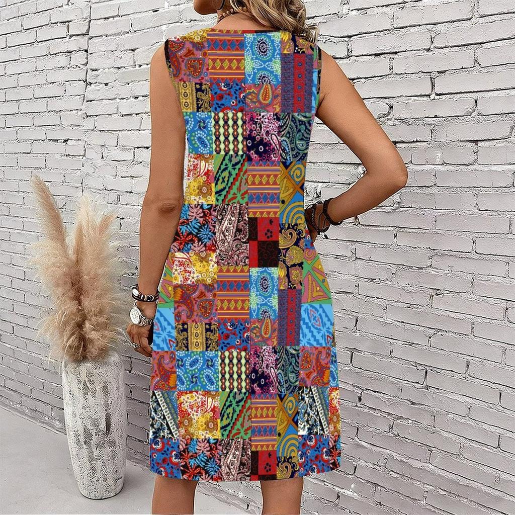 Plus Size V Neck Sleeveless Dress Chinese Ink Lotus Print For Garden Sightseeing Trip