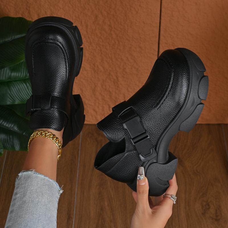 Retro Women Shoes Spring and Autumn Height Increase Thick Soled Casual Leather Shoes Round Head Buckled  Platform Sneakers Women