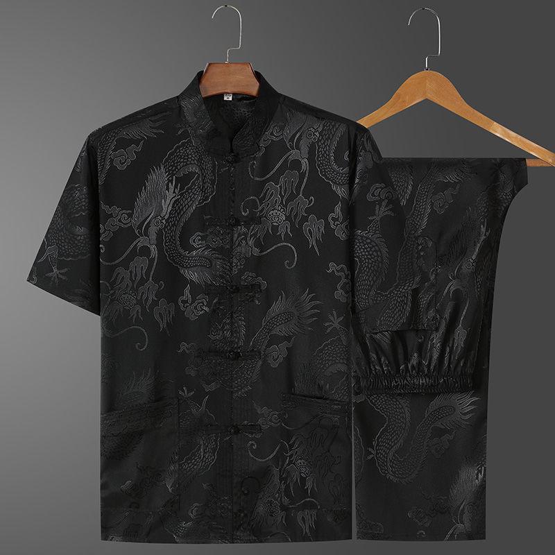Chinese Stand Collar Tang Suit Men Short Sleeve Vintage Hanfu Clothing Hand Button Cheongsam Casual Dragon Kong Fu Clothes