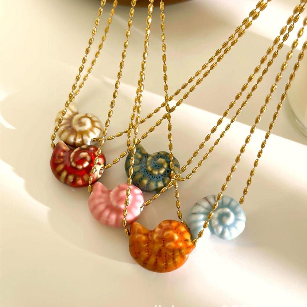 Ceramic Conch Pendant Necklace Stainless Steel Chain Collarbone Chain Fashion Conch Necklace  Women