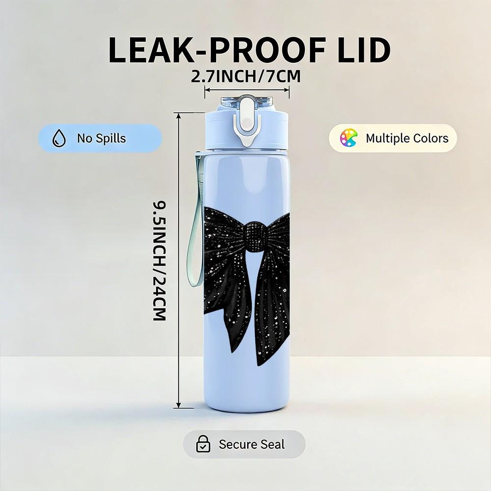 1PC Solid Black Satin Bow Decor Print 750ml Color Plastic Sports Water Bottle Leakproof Flip Straw Lid Suitable for Sports Office Home Use
