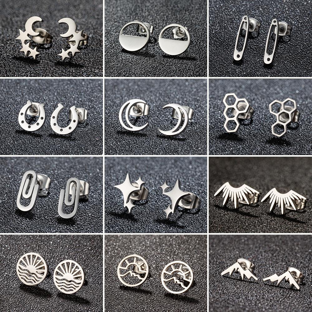 Simple Moon Star Piercing Ear Stud Earrings For Women Vintage Stainless Steel Geometric Earrings Tragus Jewelry Party Gifts