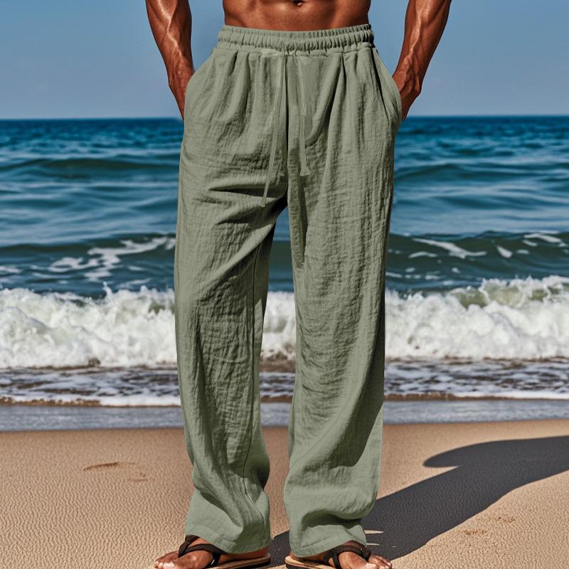 New Cotton Linen Loose Men's Large Size Loose Solid Colour Leisure Tie Trousers