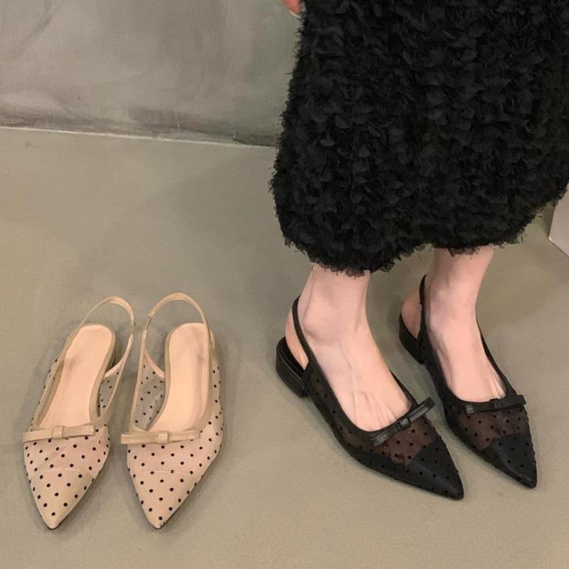 Hot Selling 2025 Low Heel Bow Baotou Sandal Summer Mesh Breathable Polka Dot Single Shoe Pointed Toe Wear Sandales Women's Shoes