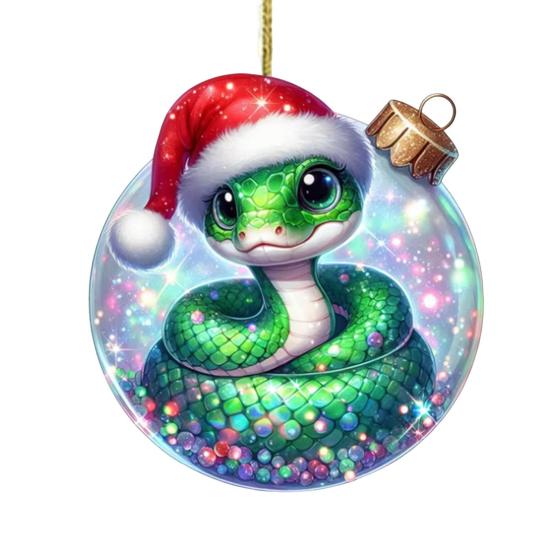 Hadí vánoční ozdoba Plochá 2D akrylová kreslená hadí přívěsek Slavnostní had se Santa čepicí