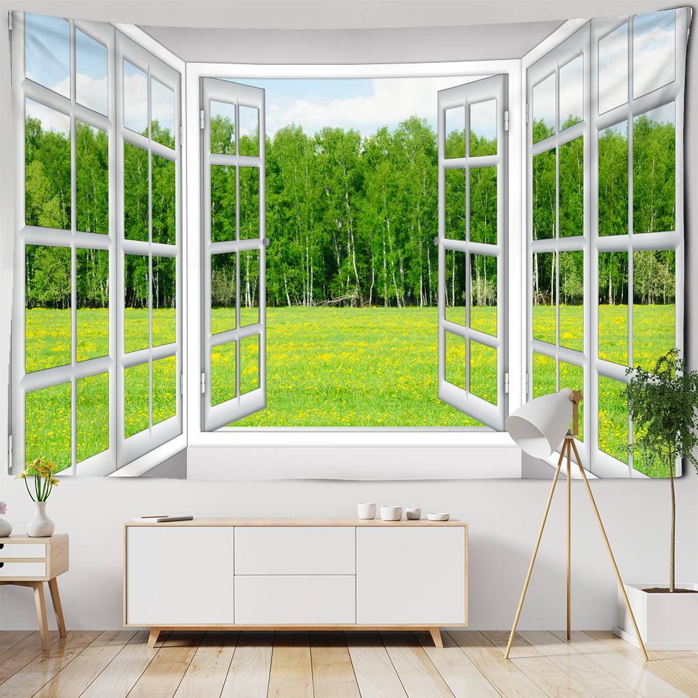 

Имитация оконного дизайна, лесной пейзаж, картина с принтом, гобелен, настенный декор для дома, комнаты, спальни, гобелен 200x150cm