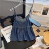 Stylish Elegance Fashion Female Business Casual Vest Dark Camisole Tops Summer Outer Inner Short Hem Ruffle Design Fringed Denim V-Neck Vest Women