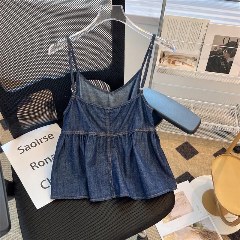 Stylish Elegance Fashion Female Business Casual Vest Dark Camisole Tops Summer Outer Inner Short Hem Ruffle Design Fringed Denim V-Neck Vest Women