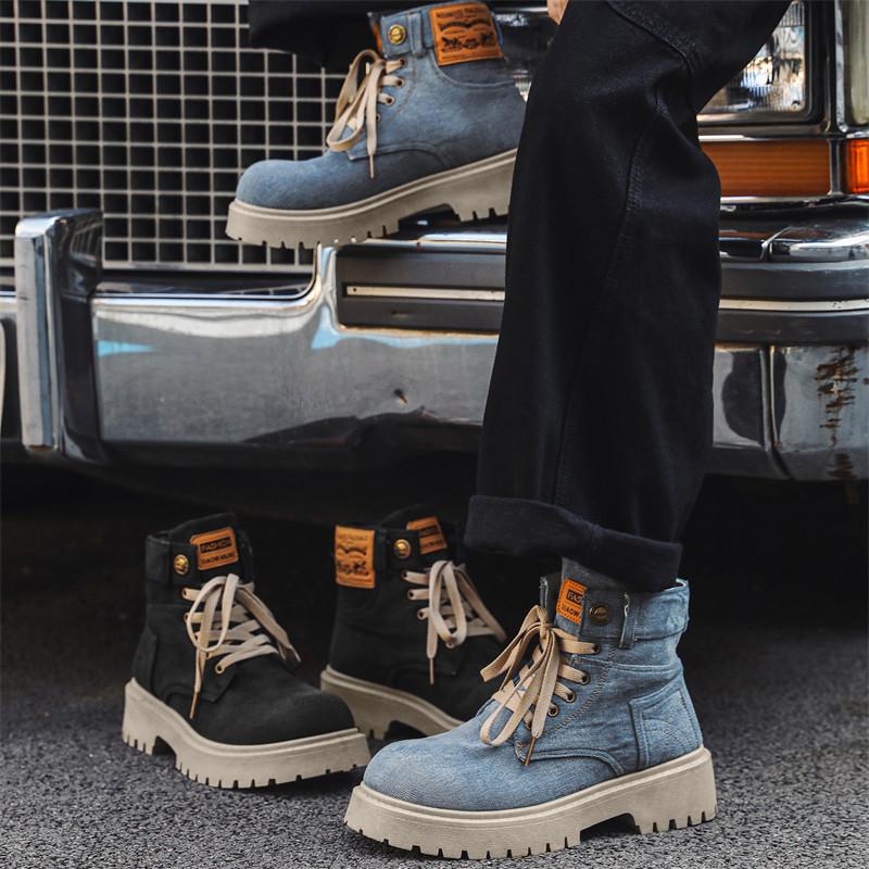 New Autumn Men's Denim Boots Vintage Black High Boots Men Outdoor Streetwear Tooling Boots Men Casual Ankle Boots Botas Hombre