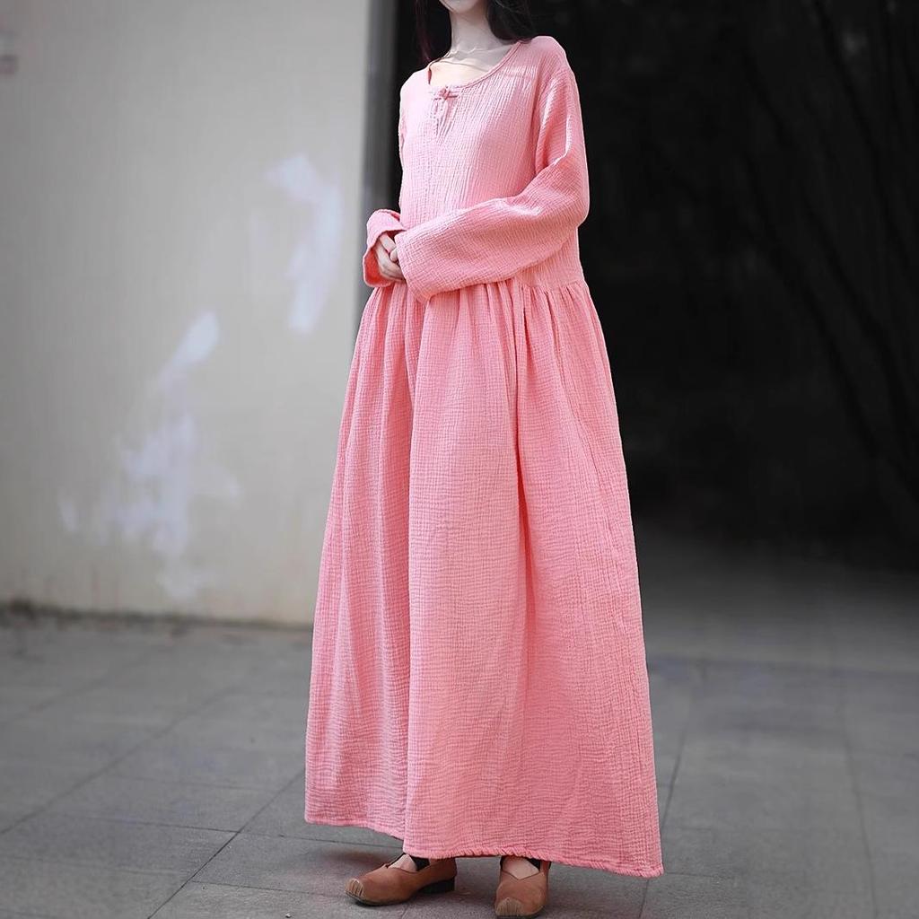 Women's Double-Layer Cotton and Linen Retro Long Dress - Cool, Gentle Style, Available In 4 Colors