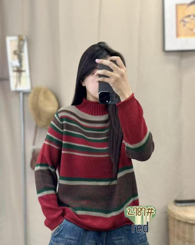 2025 Winter Striped High Neck Wool Knit Top for Women