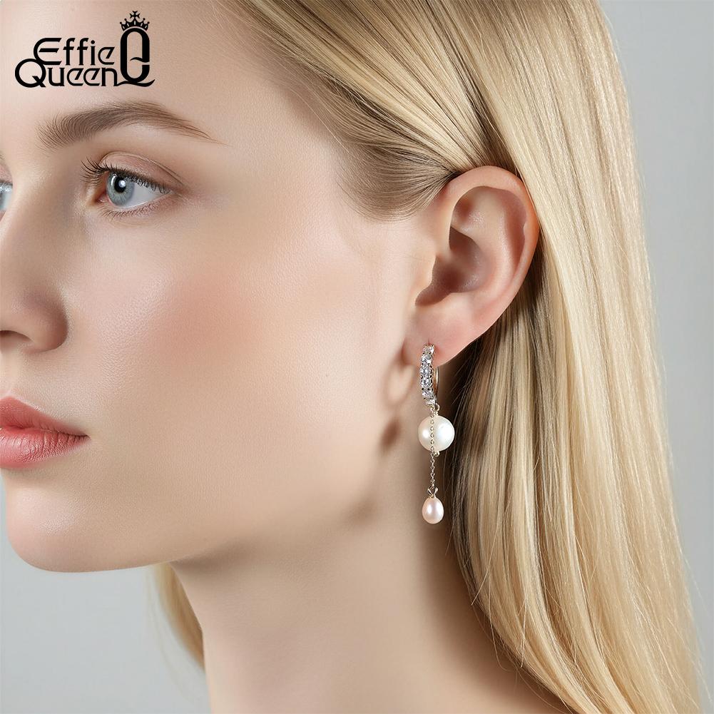 Effie Queen 925 Sterling Silver Zircon Long Drop Earring Elegant Freshwater Pearl Pendant Dangle Earring Fine Jewelry GPE126