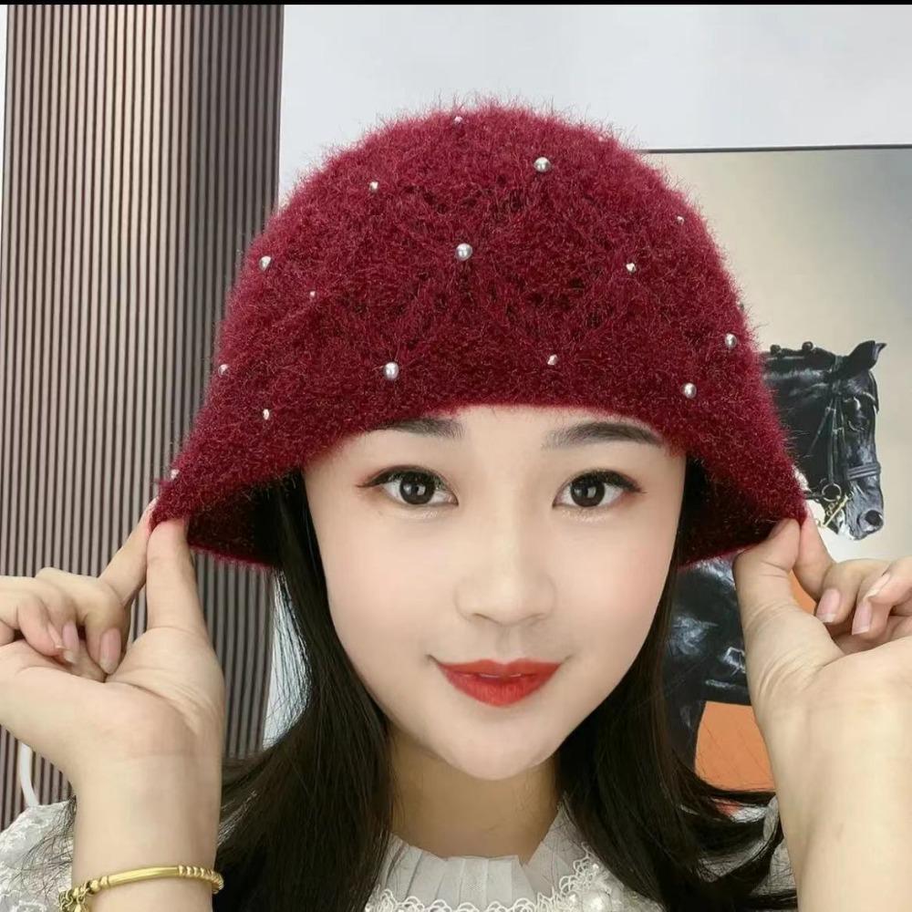 Herbst und Winter Neue Verdickte Mütze Handgewebte Perle Doppellagige Warme Strickmütze Kältefest Frostsicher und Warm Damen Baotou Mütze