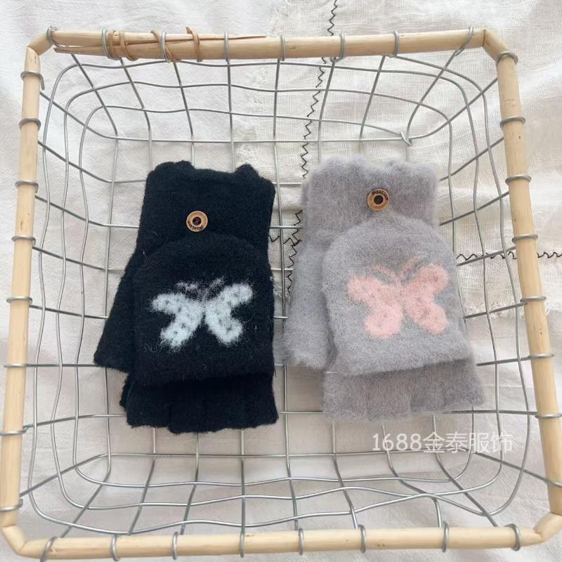 Bow Flip-top Knitted Gloves, New Plush Thickened Cold-proof Cartoon Warm Student Finger Versatile