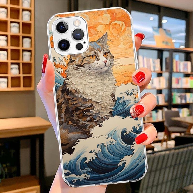 Anime Cat Sea Wave Aesthetic Cover Phone Case For iPhone 16 17 Air 15 14 Pro Max 16E Phone Case 13 Mini 12 11 7 SE 8 Print Patte