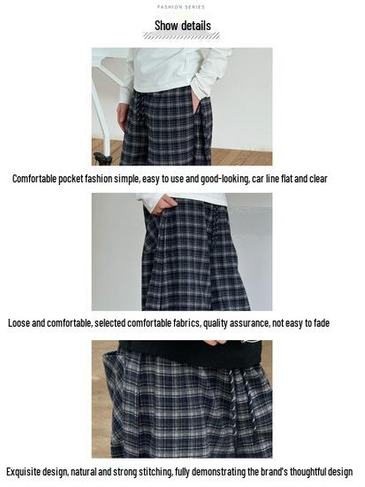 Navy Blue Retro Plaid Wide-Leg Elastic Drawstring Trousers for Women and Children - Autumn/Winter Fashion
