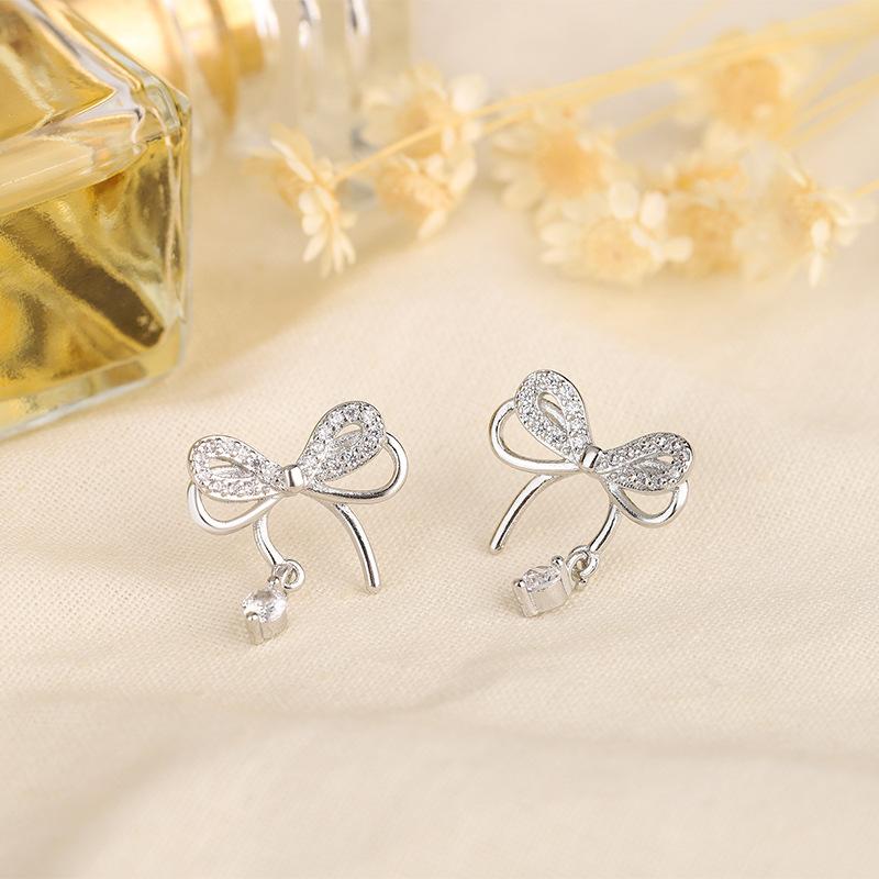 S925 Silver Double Bow Stud Earrings For Women Cubic Zirconia Light Luxury Niche Design Elegant Jewelry