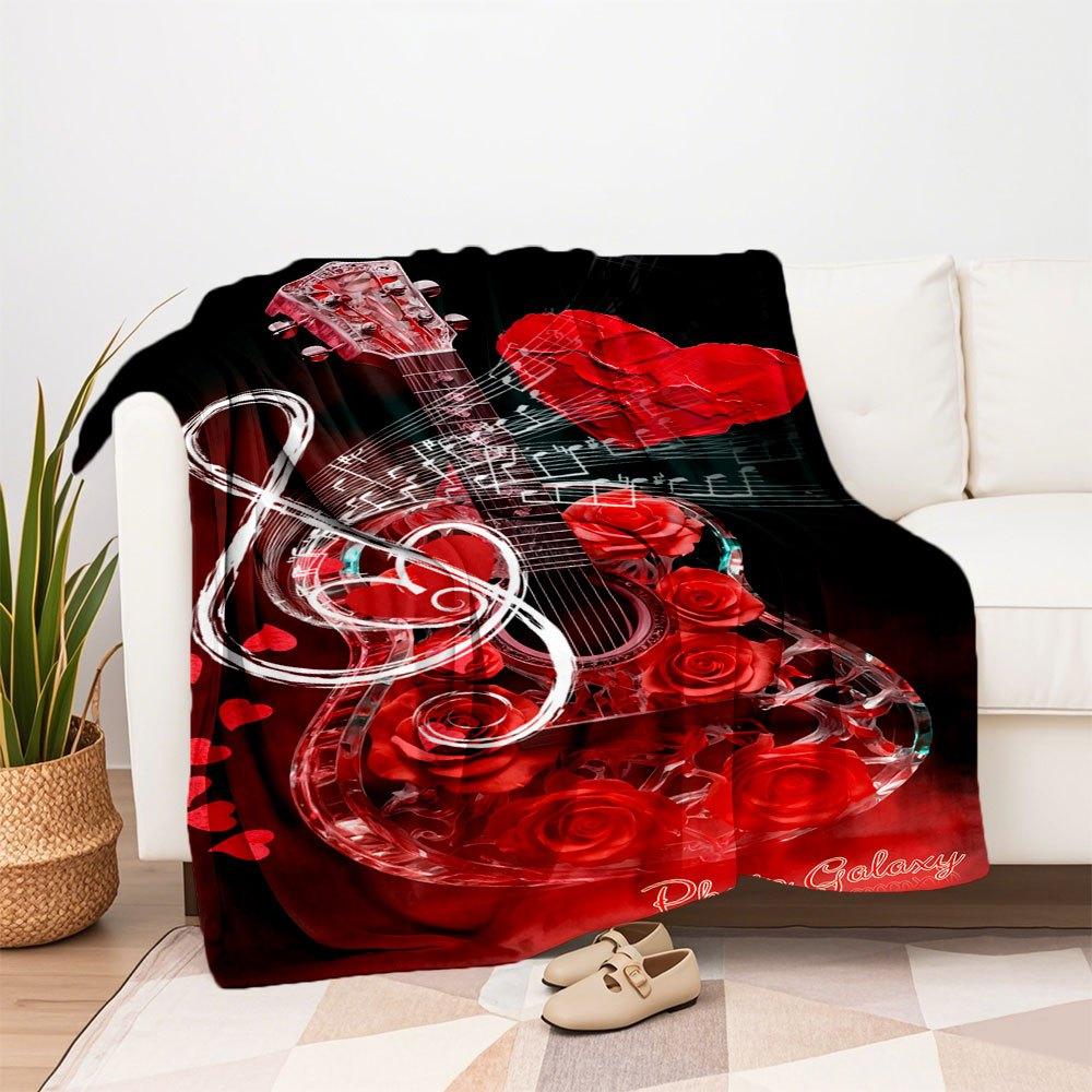"Red Rose Acoustic Guitar Music Notes Wall Art Print Poster"Blanket Flannel Throw Blanket for Sofa, Bed, Travel, Camping, Office