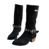 Mode Neue modische und trendige Übergrößen Herbst- und Winter-Western-Cowboystiefel, Retro-Blockabsatz-Mid-Calf-Stiefel mit Schnallenriemen