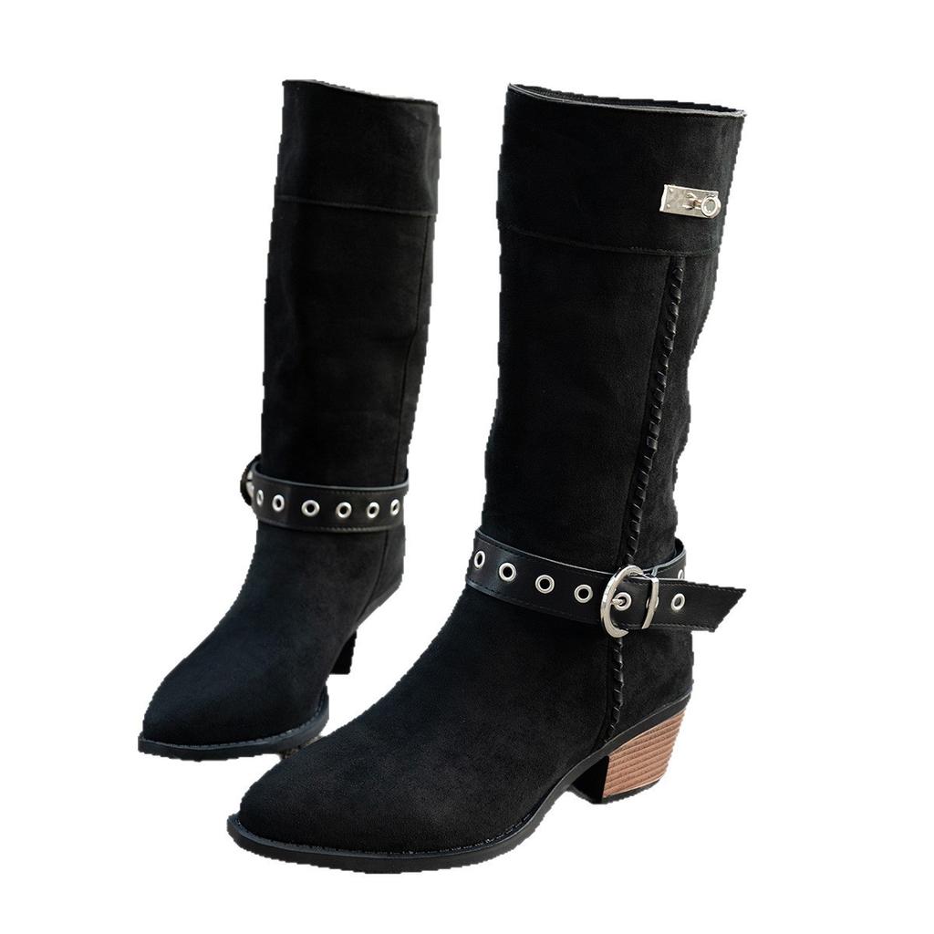 Mode Neue modische und trendige Übergrößen Herbst- und Winter-Western-Cowboystiefel, Retro-Blockabsatz-Mid-Calf-Stiefel mit Schnallenriemen