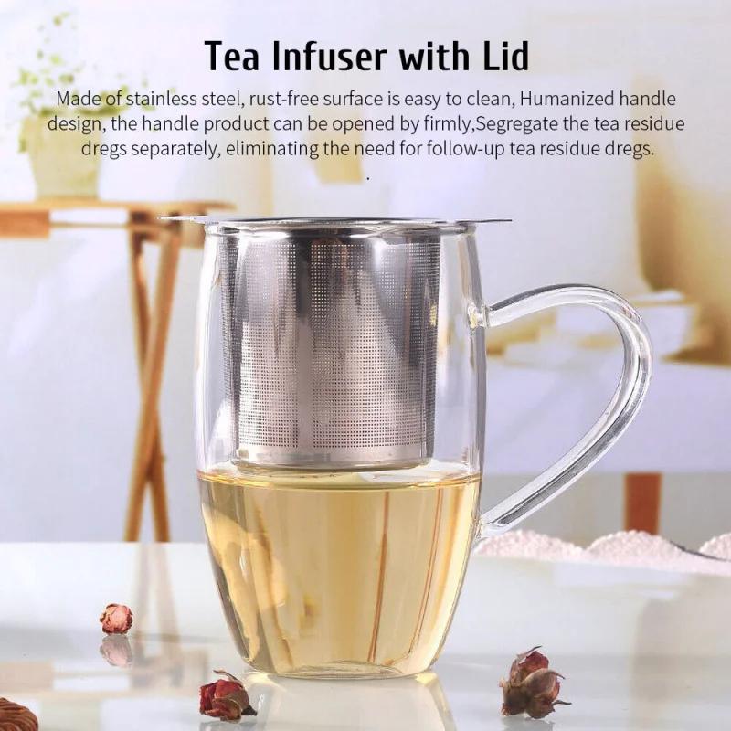 New Stainless Steel Tea Infuser Metal Mesh Cup Strainer Loose Leaf Filter with Lid Tea Leak Coffee Mesh Filter Teaware
