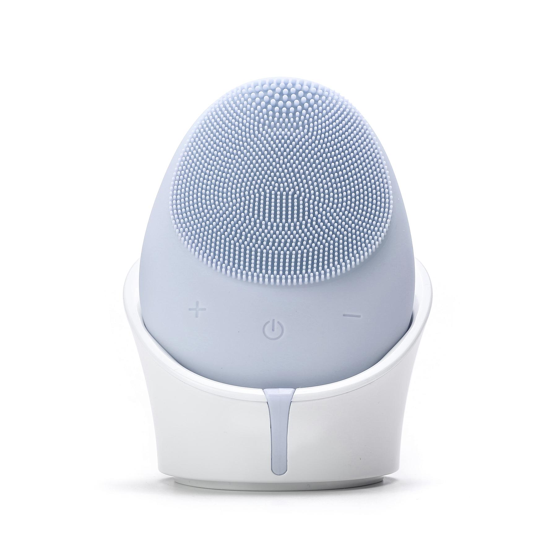 Logo Branded Waterproof Vibrating Facial Cleansing Brush Mini Face Massager Cleanser Silicone Electric Vibration Facial Brush USB-Blue