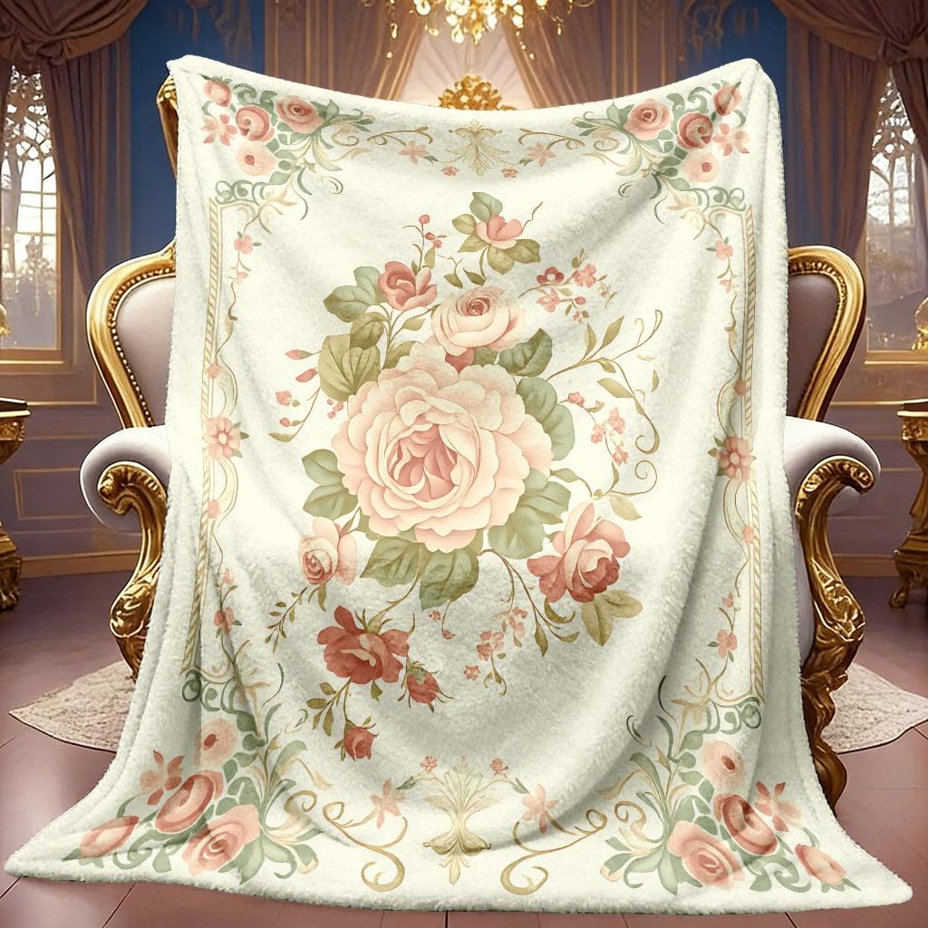 1pc 2D Retro Rose Theme Pattern Flannel Blanket, Soft HD Digital Print Cooling Blanket All Year Round! Soft And Breathable 100% Polyester Fiber, Perfe