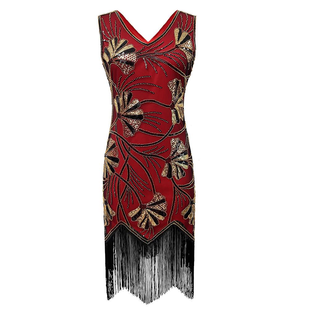 V Neck Dress Roaring 20s Great Gatsby Dress for Women 1920s Dress Evening Gown Cocktail Party Dresses Women's Sequin Bead Fringed Hem Flapper Dress
