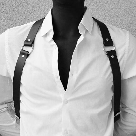 European-American Style Men's Black Choker Belt Body Chain with Chest Strap Harness