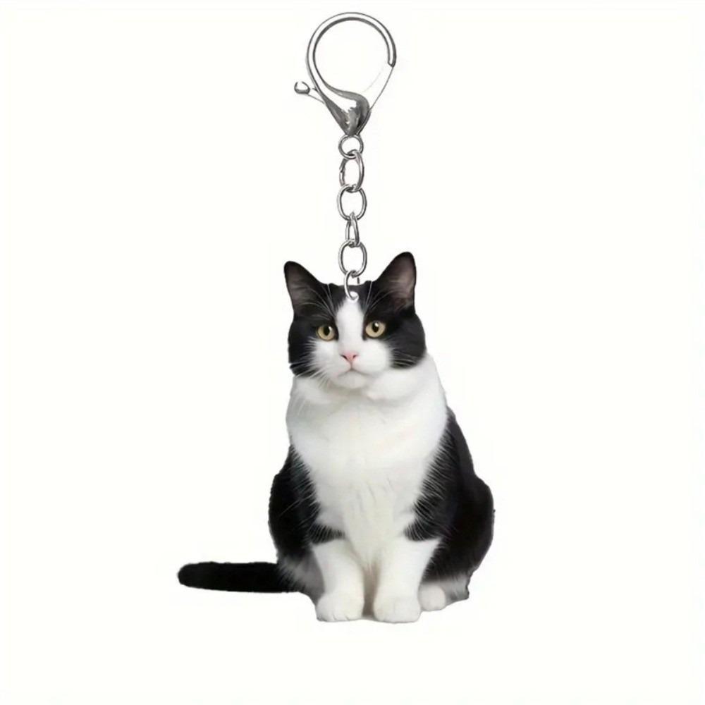 Portachiavi Gatto Bianco e Nero Cartone Animato Portachiavi Animale in Acrilico 2D Ciondolo Gatto Creativo a Doppia Faccia Portachiavi Giocattolo Regalo per Bambini