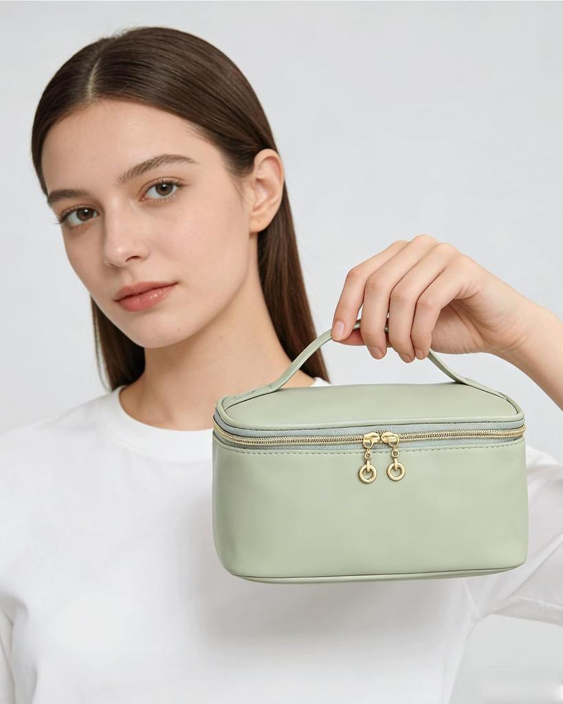 Large Capacity Portable Cosmetic Bag Storage Bag with Handle Partition Layer Green 23.8*16.5*12cm