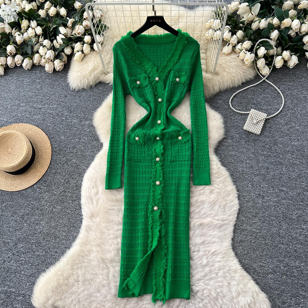 Neue Damenkleider Herbst Winter Vintage Patchwork Strick-Midikleid Elegant V-Ausschnitt Damen Rüschenhemd Pulloverkleid