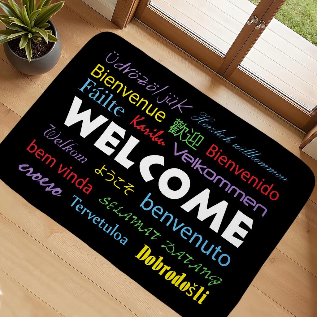 Global Greetings Welcome Doormat Black Multi Language Entrance Rug World Hello Theme Non-Slip Welcome Floor Mat for Home Decor