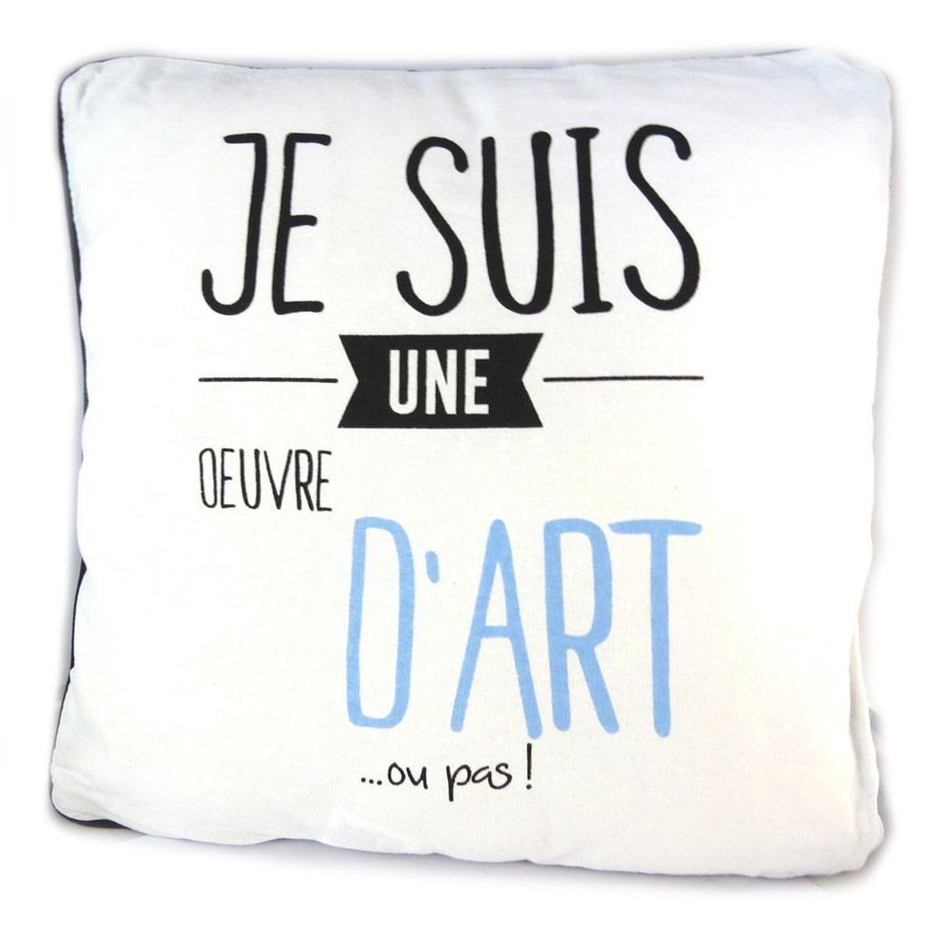 Les Trésors De Lily [N5137] - Poduszka projektanta 'Cytaty' biało-niebieska (Jestem dziełem sztuki . . . lub nie) - 40 cm