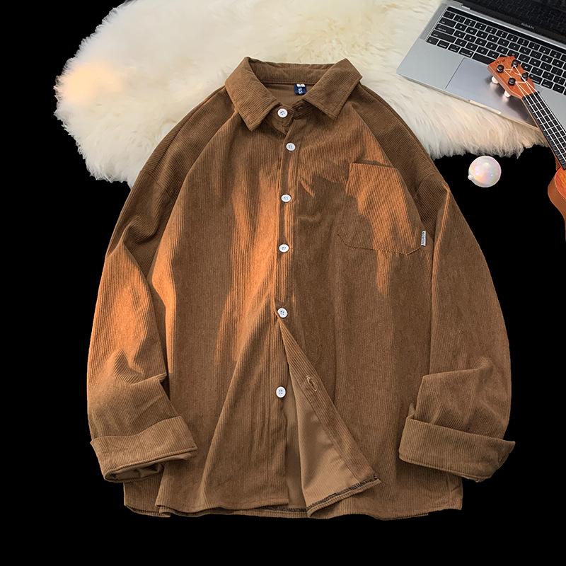Men's Loose-Fit Long Sleeve Button-Down Shirt Corduroy Fabric Casual Pocket Top